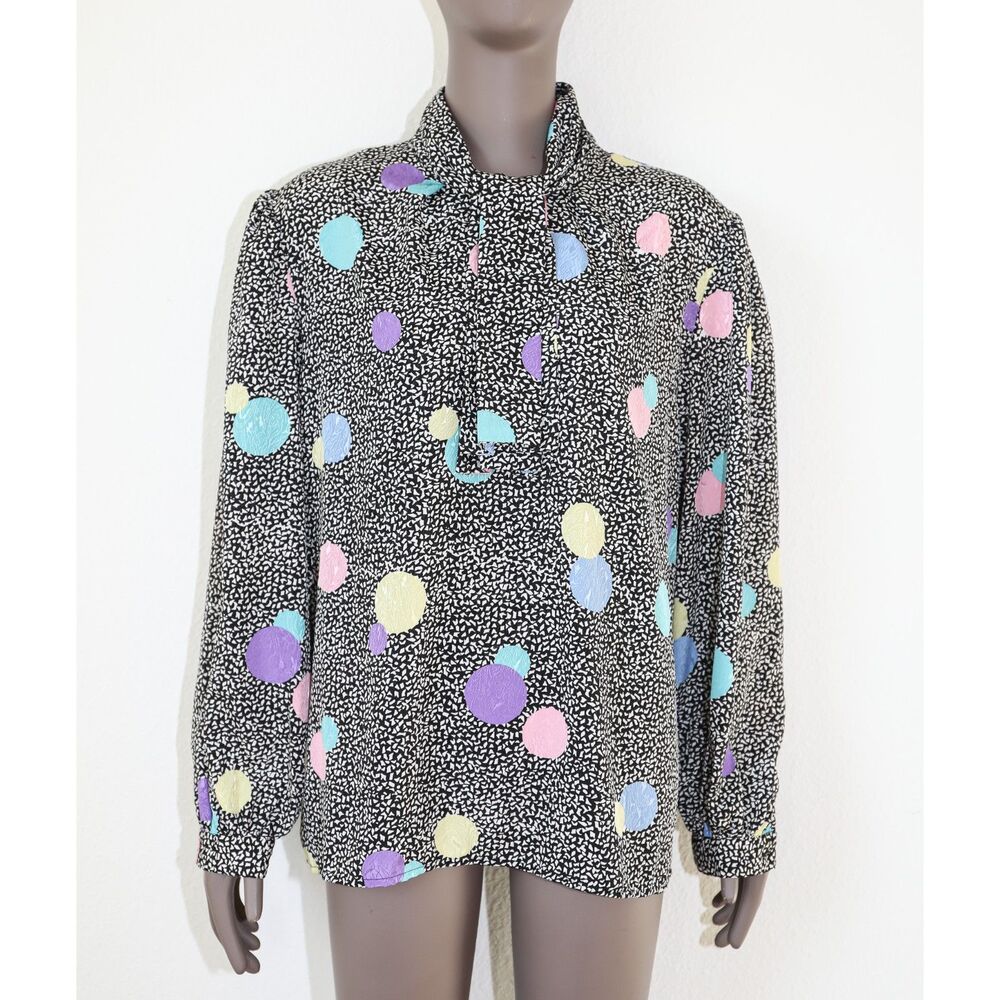 Vintage 80s Polka Dot Puff Sleeve Blouse Formal Evening Cowl Neck Shirt‎ Size L